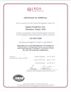 Sigma Fasteners ISO Cert Sigma ISO Cert